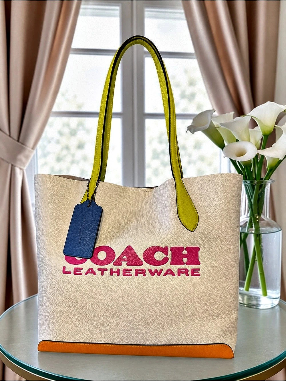 COACH Kia Tote Bag Colorblock Natural Pebble Leather Chalk Multi CA097
